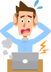 ノートパソンの故障に頭を抱える男性
