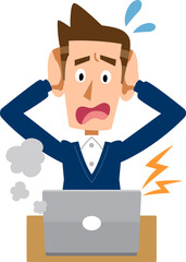 ノートパソンの故障に頭を抱える男性
