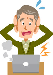 ノートパソンの故障に頭を抱える年配の男性
