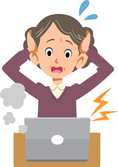 ノートパソンの故障に頭を抱える年配の女性
