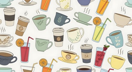 Illustration of seamless pattern of various coffee cups and drinks isolated on white background