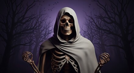 Mysterious skeleton figure in hooded cloak against dark forest backdrop for Halloween