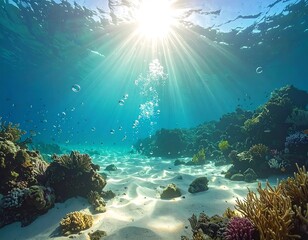 Underwater coral reef scene with sunlight