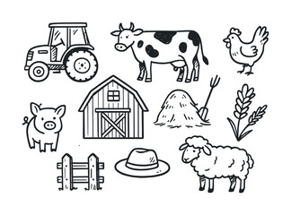 Naklejka premium Farmyard scene with tractor, barn, and animals in black and white line art