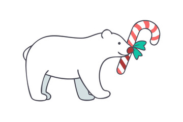 Cute polar bear holding a candy cane