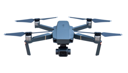 A sleek drone with four propellers, equipped with a front-facing camera, showcasing modern design and technology.