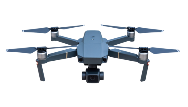 A sleek drone with four propellers, equipped with a front-facing camera, showcasing modern design and technology.