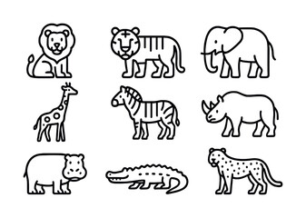 Outline illustrations of african savannah animals: lion, tiger, elephant, giraffe, zebra, rhino, hippo, crocodile, cheetah