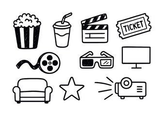 Cinema icons: popcorn, drink, clapperboard, ticket, reel, glasses, screen, couch, star, projector