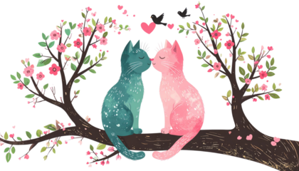 Two whimsical cats sit together on a branch, surrounded by flowers and hearts, showcasing a loving connection.