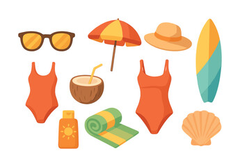 Beach essentials: sunglasses, umbrella, swimsuit, coconut drink, hat, surfboard