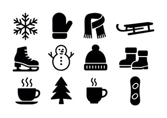 Winter icons: snowflake, mittens, scarf, sled, skates, snowman, beanie, boots, hot drink, tree, snowboard