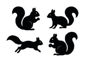 Silhouette illustrations of squirrels in various poses on white background