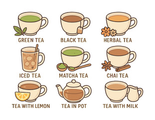 Variety of teas: green, black, herbal, iced, matcha, chai, lemon, pot, milk