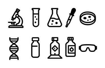 Science lab icons: microscope, test tubes, dna, safety goggles, and more