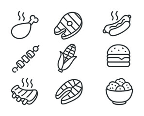 Barbecue food icons: grilled meats, corn, burger, and rice bowl outlined