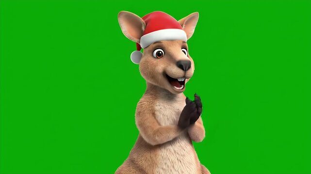 A cute animated kangaroo character wearing a red Santa hat claps its hands repeatedly on a green screen background.