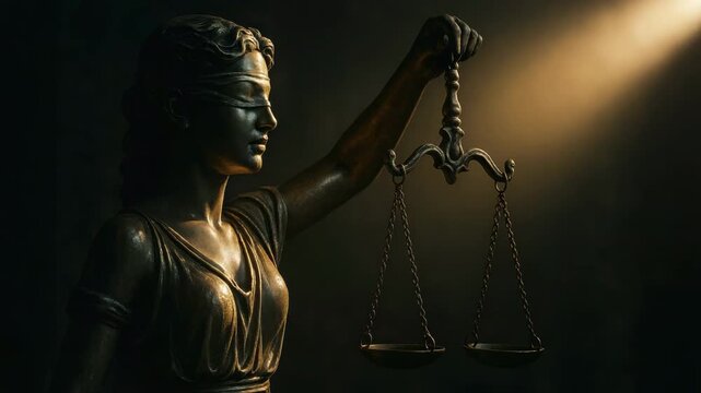 Blindfolded justice statue holding scale balance bronze courtroom law conveying fairness and solemn resolve ethical messaging
