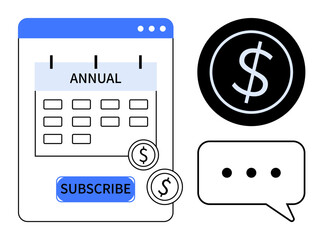 Fototapeta premium Calendar marked Annual, subscribe button, coins, dollar icon, and speech bubble. Ideal for finance, subscriptions, budgeting, payment services e-commerce business planning simple flat metaphor