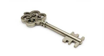 Ornate vintage skeleton key with intricate details on a white background.