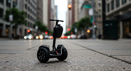 Electric transportation device parked on urban street, blurred background with buildings