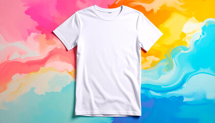 Abstract colorful background highlights a T-shirt mockup for a creative fashion showcase