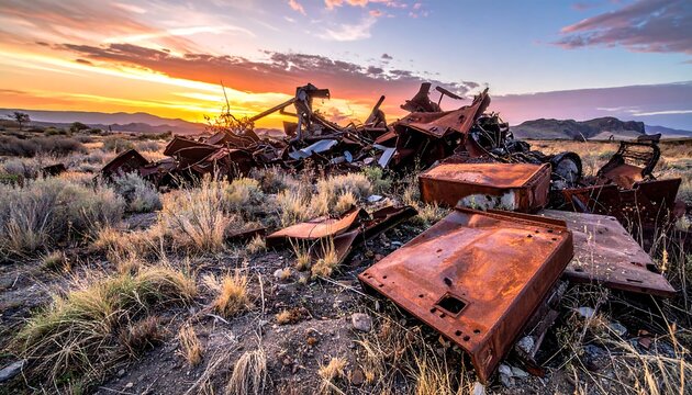 Rusty train wreck at sunset