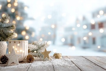 Cozy Christmas table top with decorations and snow on blur abstract holiday background