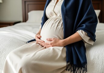 Close up of a pregnant woman sitting on a bed, gently cradling her baby bump with hands