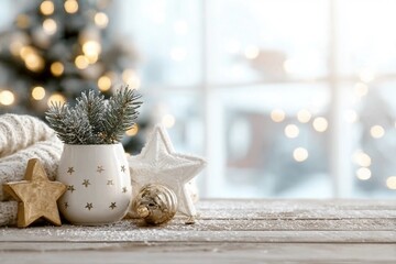 Cozy Christmas table top with decorations and snow on blur abstract holiday background