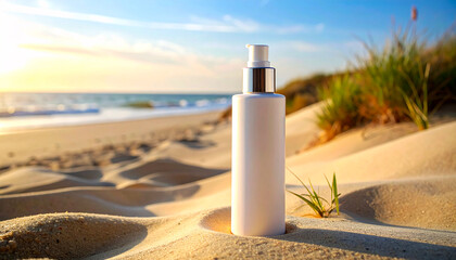 Sand backdrop and soft shadows frame a cosmetic bottle mockup for an elegant showcase