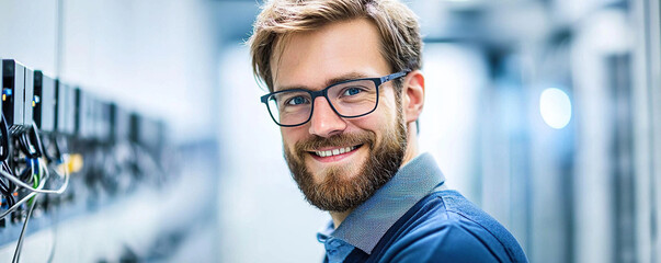 Smiling electrician safety maintenance control panel wiring technician beard glasses blue shirt indoor workspace with confidence and focus