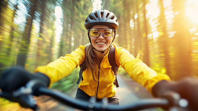 Female cyclist helmet yellow jacket sunglasses forest trail mountain bike outdoor sport motion blur autumn light happy smile - Powered by Adobe