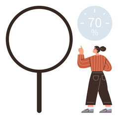 Woman wearing casual outfit pointing at 70 progress indicator near large magnifying glass. Ideal for analysis, research, progress tracking, data visualization, focus, goal setting, simple flat