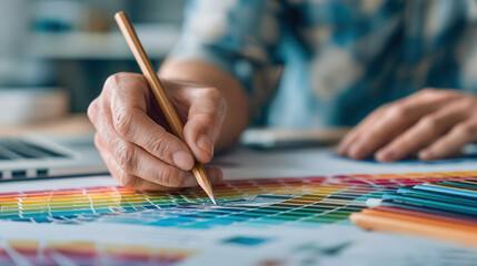 Creative design process in an artistic workspace focusing on color palette selection