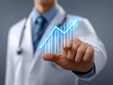 Doctor touching a glowing digital graph showing upward growth, symbolizing progress, healthcare improvement, and medical innovation through data and technology.