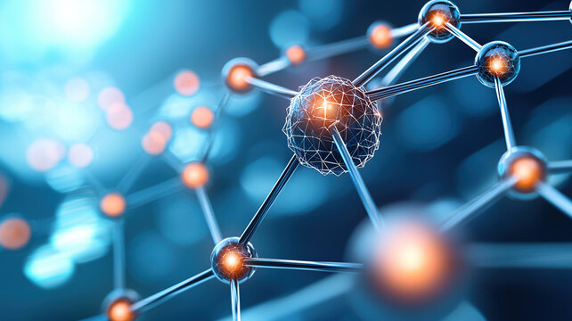 Futuristic nanotechnology network molecular structure glowing atom nodes metallic lattice quantum science high tech precision innovation