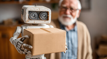 Elderly man at home watches service robot hold cardboard box, friendly helper, caregiving aid, smart technology, warm light, indoor living