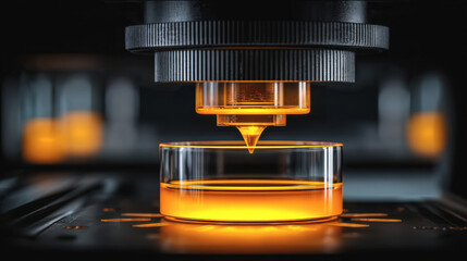 Bioprinter robotic nozzle living hydrogel petri dish laboratory orange glow precision closeup biotechnology tissue engineering blend with focused
