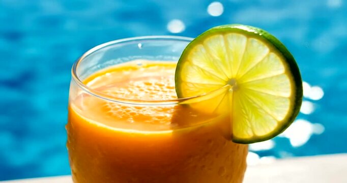 Refreshing tropical drink with lime slice by a sparkling blue poolside