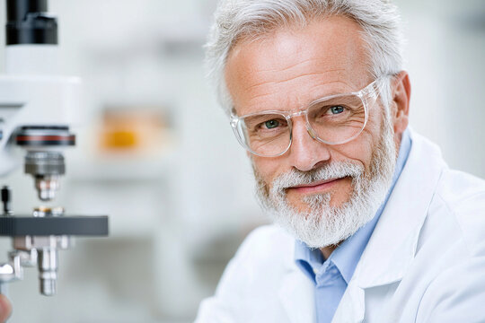Senior scientist laboratory microscope white coat safety glasses beard gray hair smile research professional