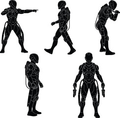 Futuristic robot silhouettes, armored humanoid illustration, sci fi combat artwork, cybernetic