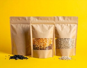 Kraft paper bags with seeds and grains on a bright yellow background