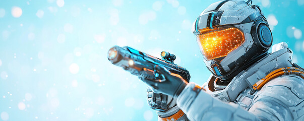 Sci fi soldier exosuit plasma rifle futuristic armor cyber visor glowing helmet winter snow dynamic action tense
