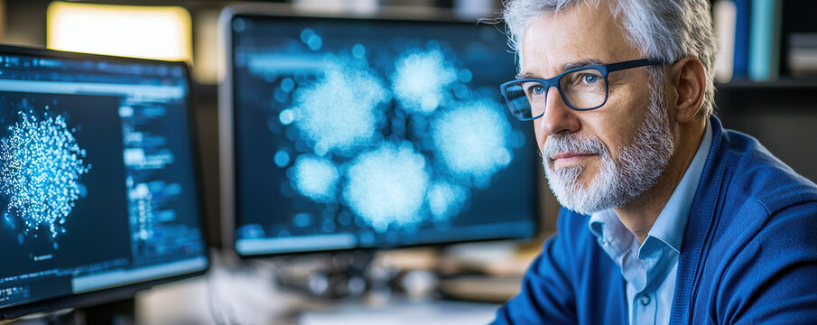 Focused scientist in modern lab, blue bokeh data cluster, computer screen, senior male researcher, analytical, technology, office
