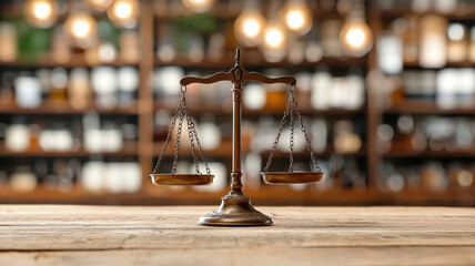 Vintage brass balance scale on wooden table, rustic bar background, warm bokeh lights, antique decor, classic law symbol, moody ambiance