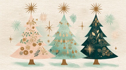 柔らかな色合いの三本のツリー