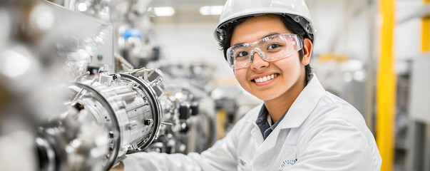 Smiling engineer laboratory safety goggles hard hat machinery precision maintenance industrial metal technology provide confident focus