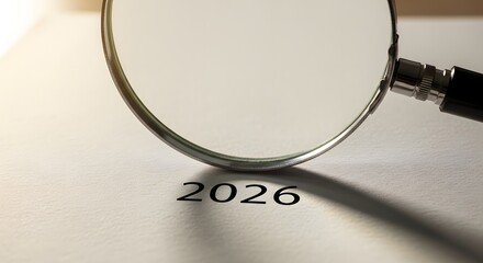 A magnifying glass focusing intently on the year 2026 printed on a white surface, symbolizing future planning, detailed examination, and strategic foresight.