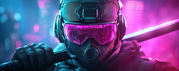 Futuristic samurai cyberpunk warrior neon city energy katana tactical armor pink visor sci fi soldier night rain urban alley moody glow